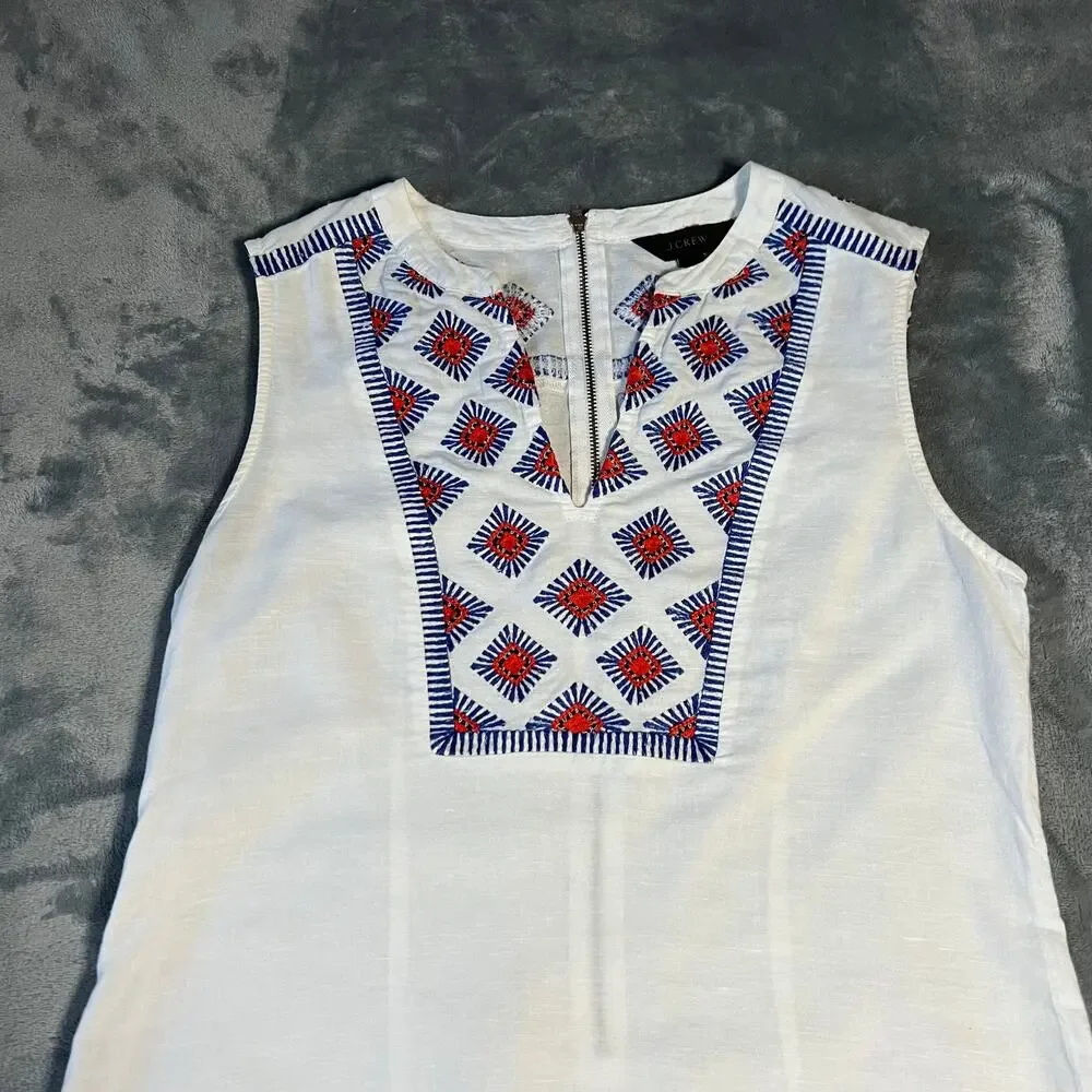 J. Crew Sleeveless V-Neck Embroidered Sunburst Dress Size XS Linen Cotton Boho